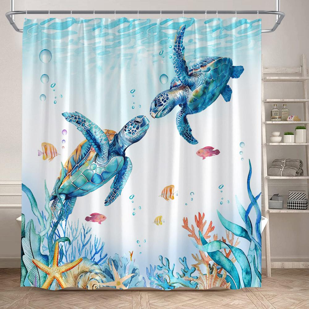 Sea Turtle Shower Curtains Funny Ocean Animals Coral Underwater Scenery Bath Curtain Polyester Fabric Bathroom Decor With Hooks
