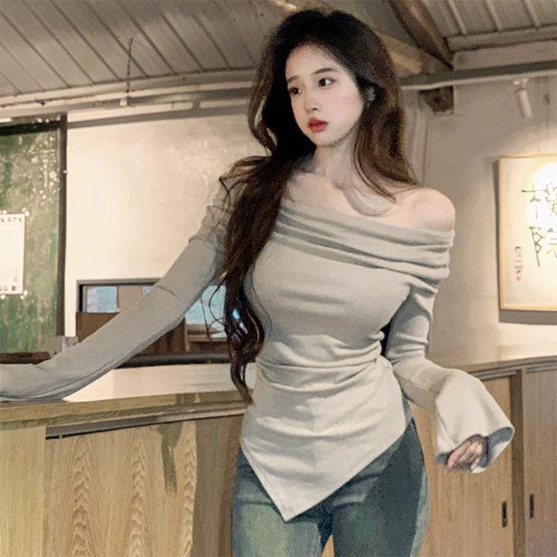 Korean Style One-Shoulder Sexy Autumn Slim-Fit Long Sleeve Top