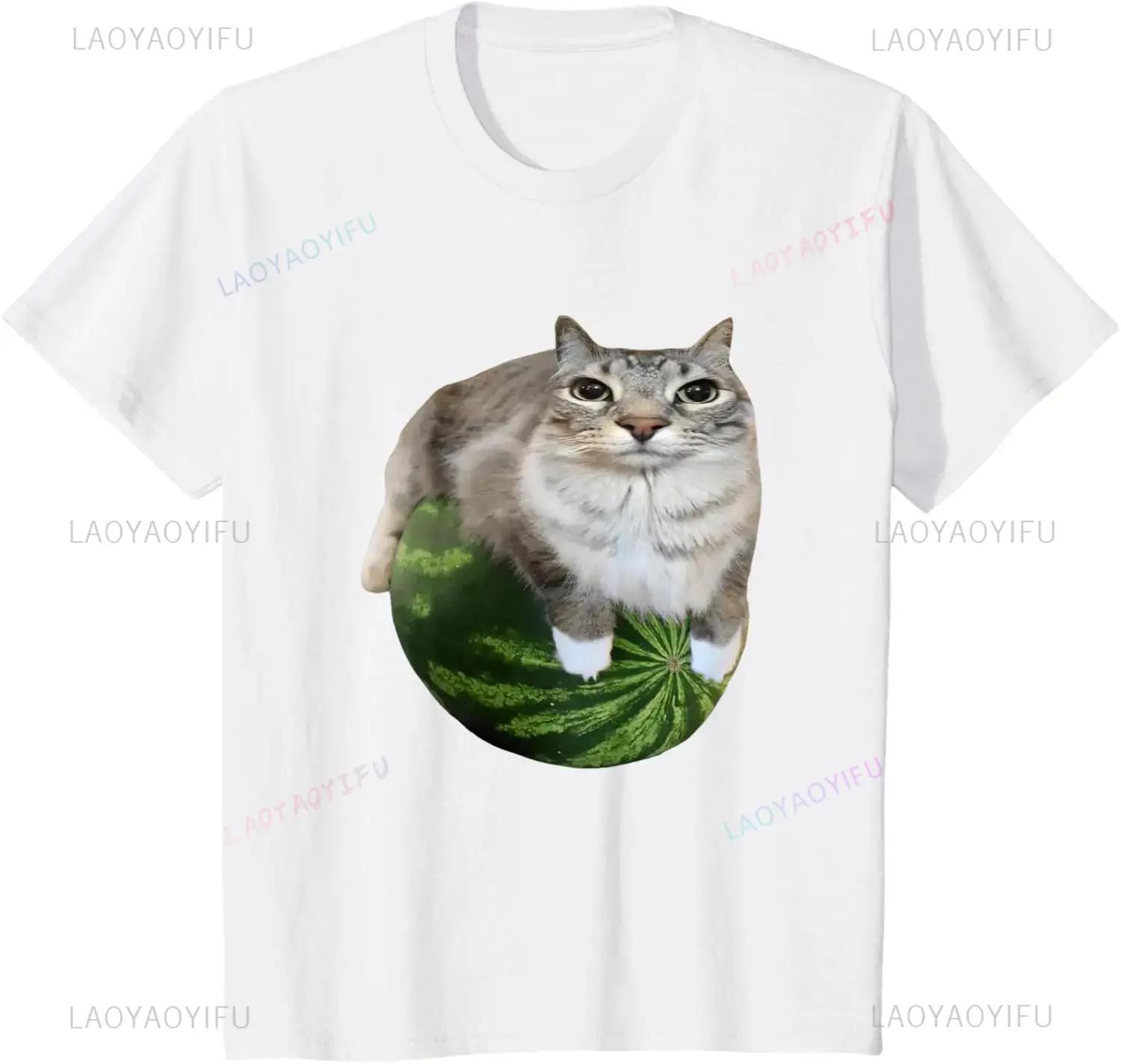 

Cute Funny Cat on Watermelon Meme T Shirt Men Women ONeck Fashion Short Sleeve Tshirts Retro Harajuku Oversized Tshirt S