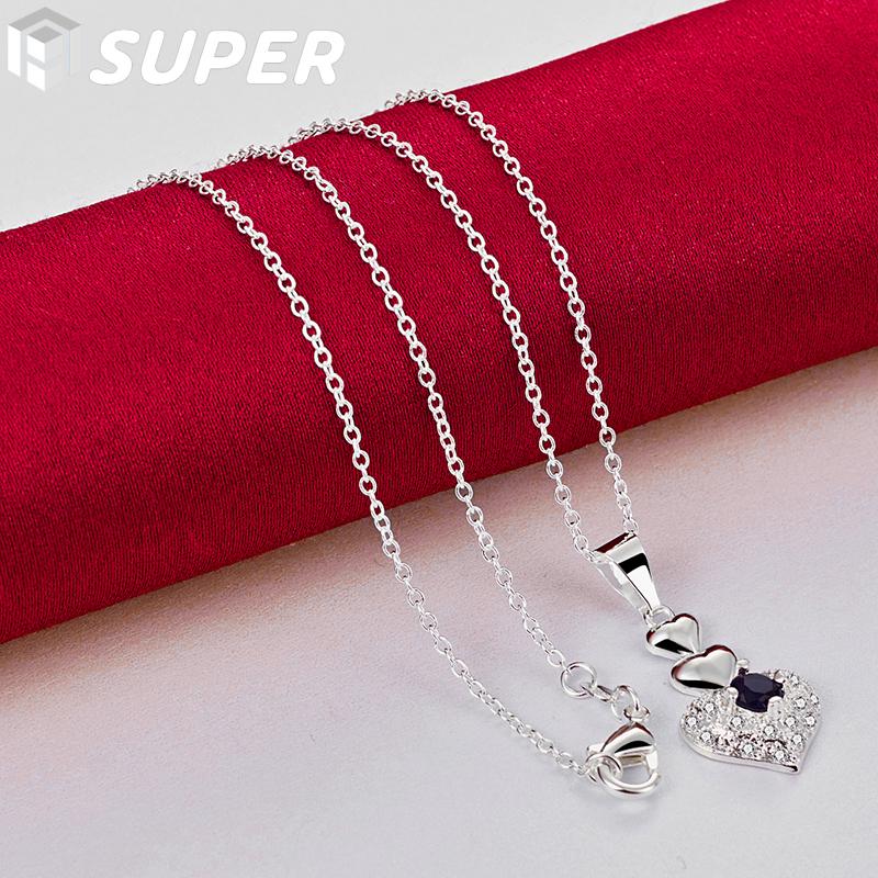 925 Sterling Silver Blue AAA Zircon Heart Pendant Necklace Jewelry