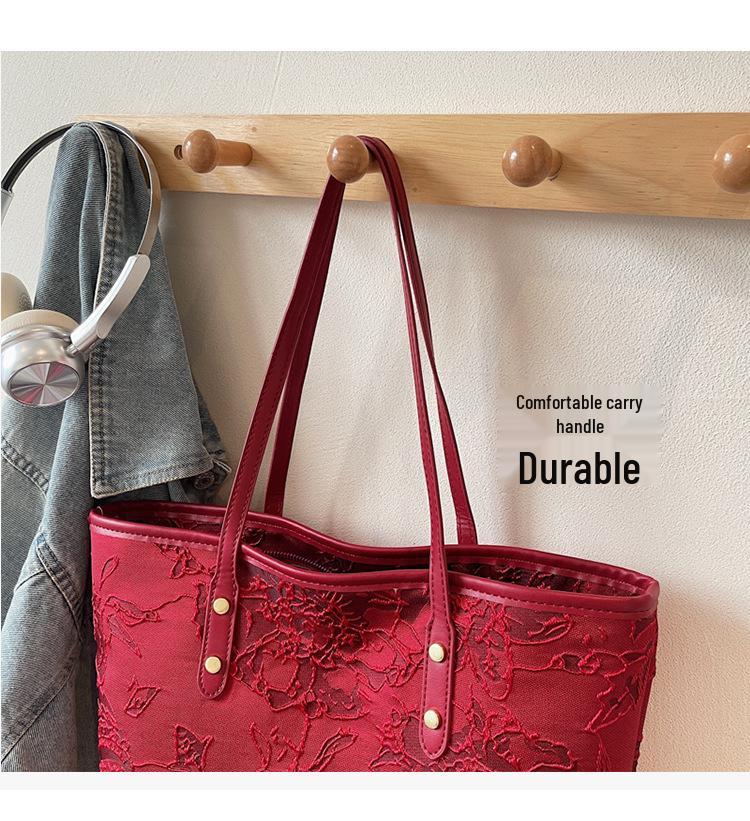 Women's Large Red Canvas Handbag - 2025 Stylish Single Shoulder Tote for Bridal Wedding Banquet