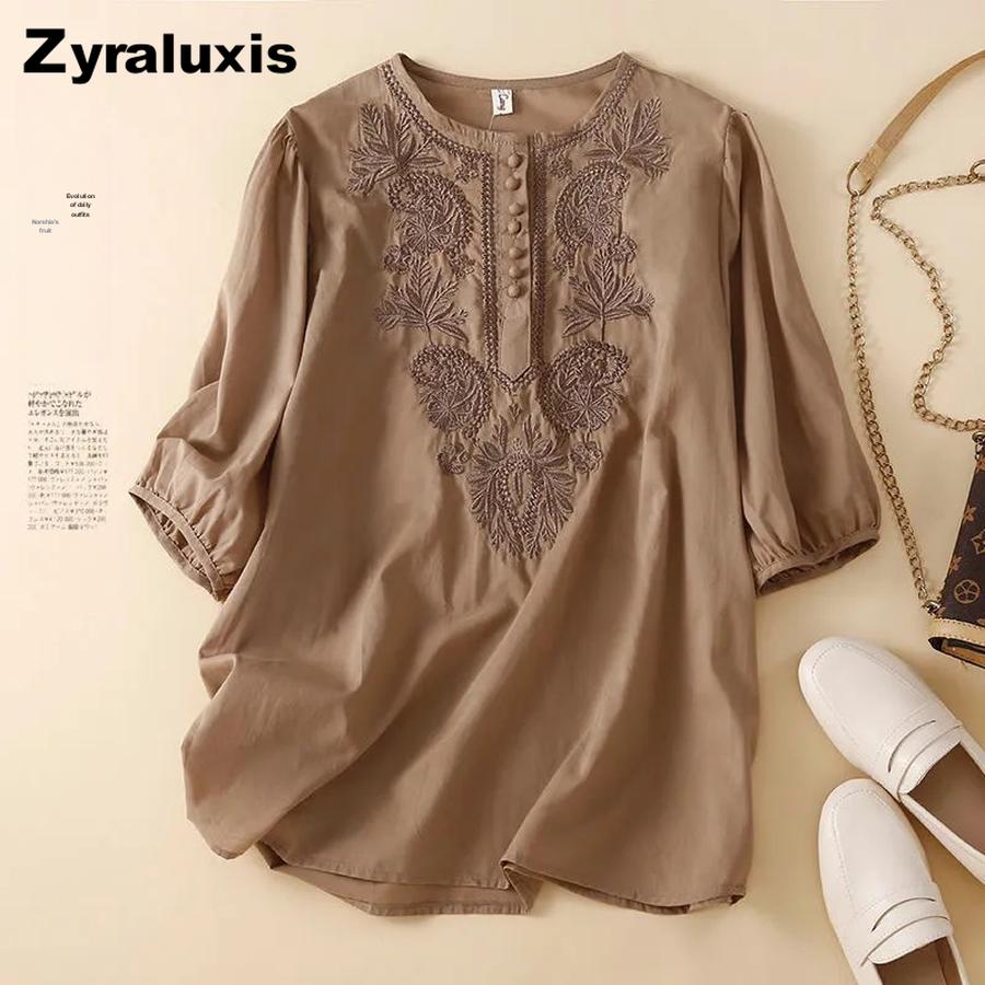 Short Sleeve Summer New Fashion Retro Loose Design Embroidery Crew Neck Thin Cotton Linen Women s Top M