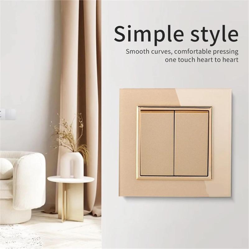 Luxury Crystal Tempered Glass Panel Gold Wall Switch Flame Retardant 2 Gang 1 Way Wall Rocker Switch On / Off WESA