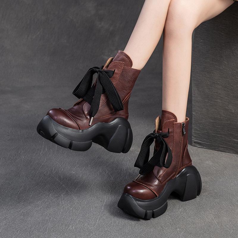Fashion GKTINOO Retro Thick Soled Short Boots 2025 Autumn Winter New Genuine Leather Round Toe Solid Color Versatile Platform Shoes