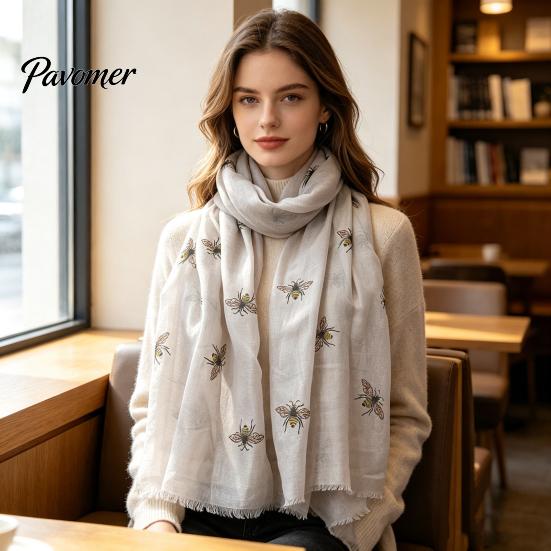 Casual Decorative Neck Scarf Lightweight for Women, Cute Bee Pattern Scarf, All Seasons Soft Long Thin Shawl Wrap Vacation, Travel, Party Stylish