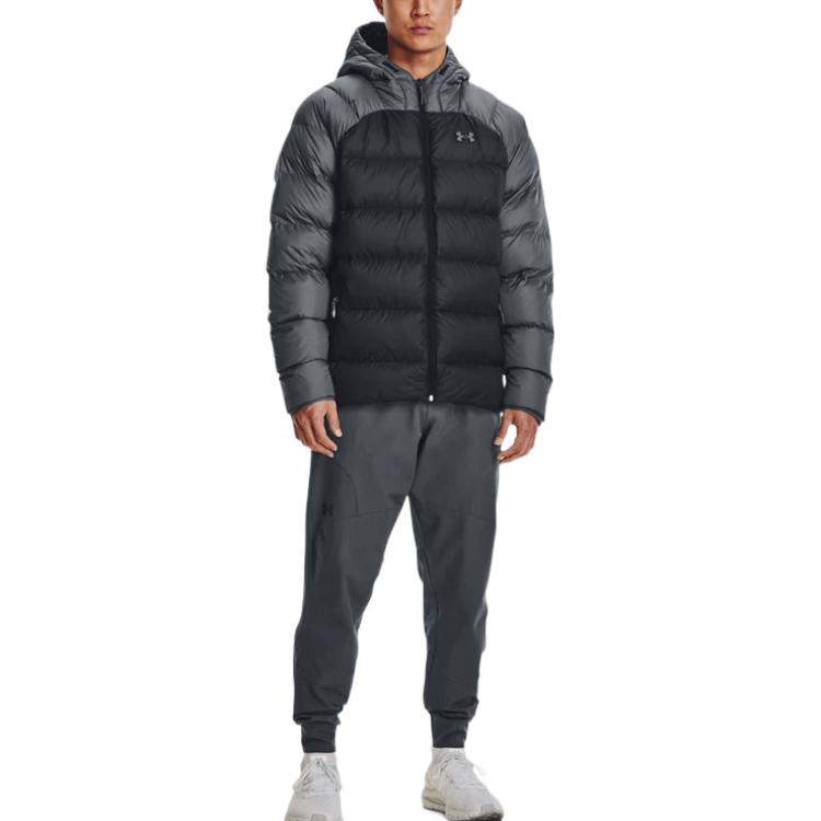 Under Armour Farbblock-Design Logo Reißverschluss Winddicht Warm Kapuzen-Daunenjacke Herren Jacken Schwarz Grau 1364903-002
