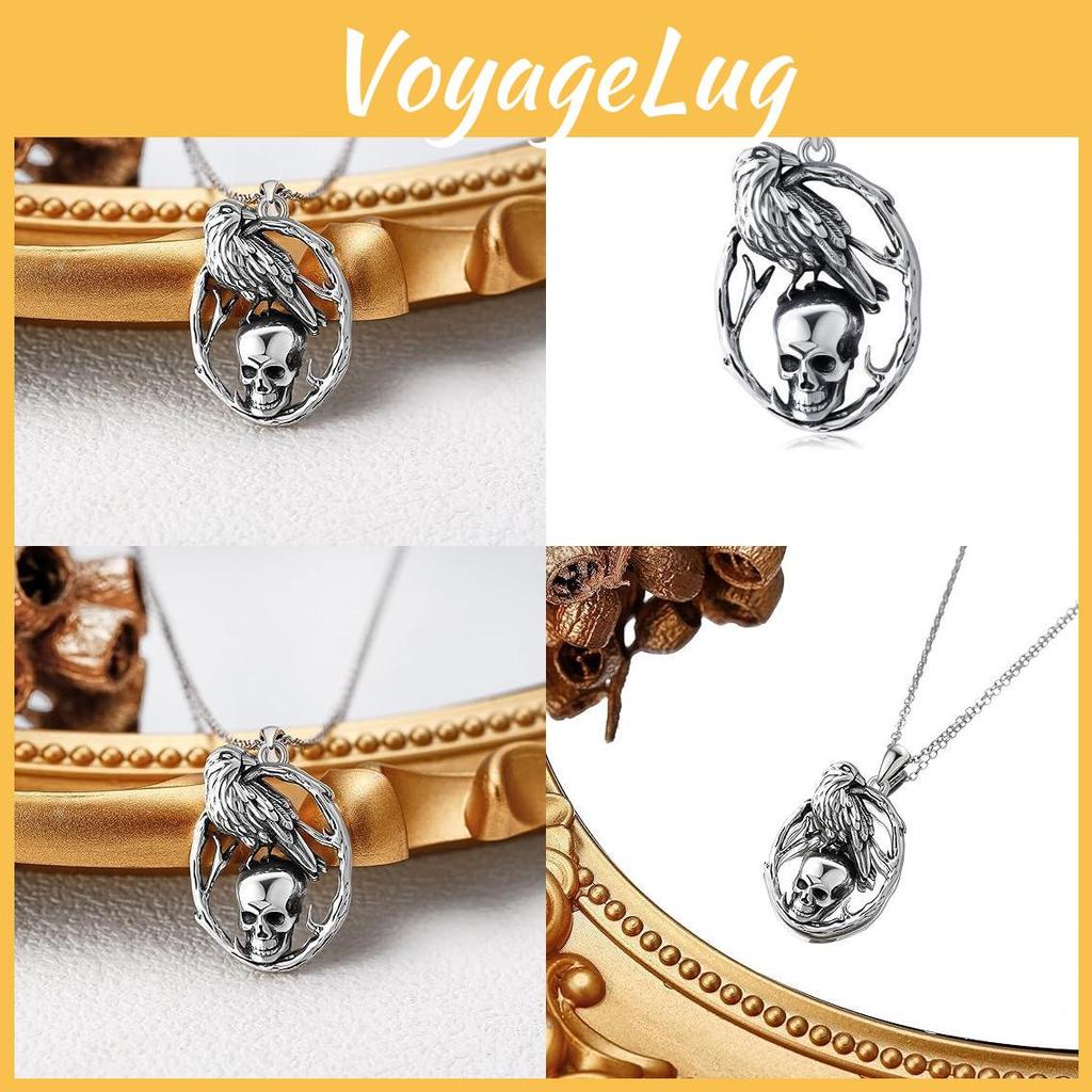 Halloween Skull Pendant Necklace With Crow Shape Design For Gothic Fashion Enthusiasts