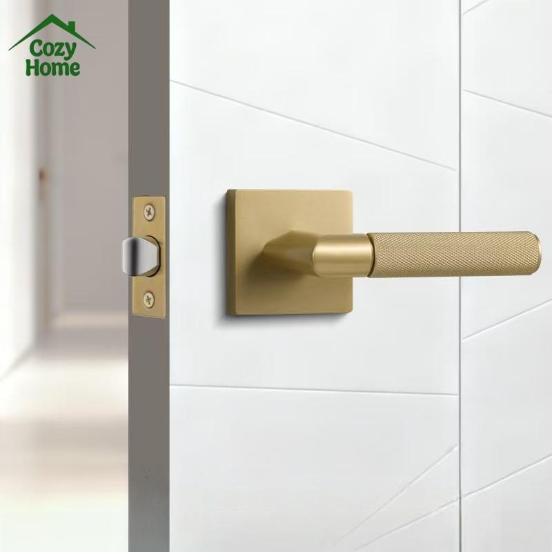 Modern Entry Door Lock Handle Set Zinc Alloy Room Interior Knurled Door Lock Levers Matte Black Bedroom Door Handle