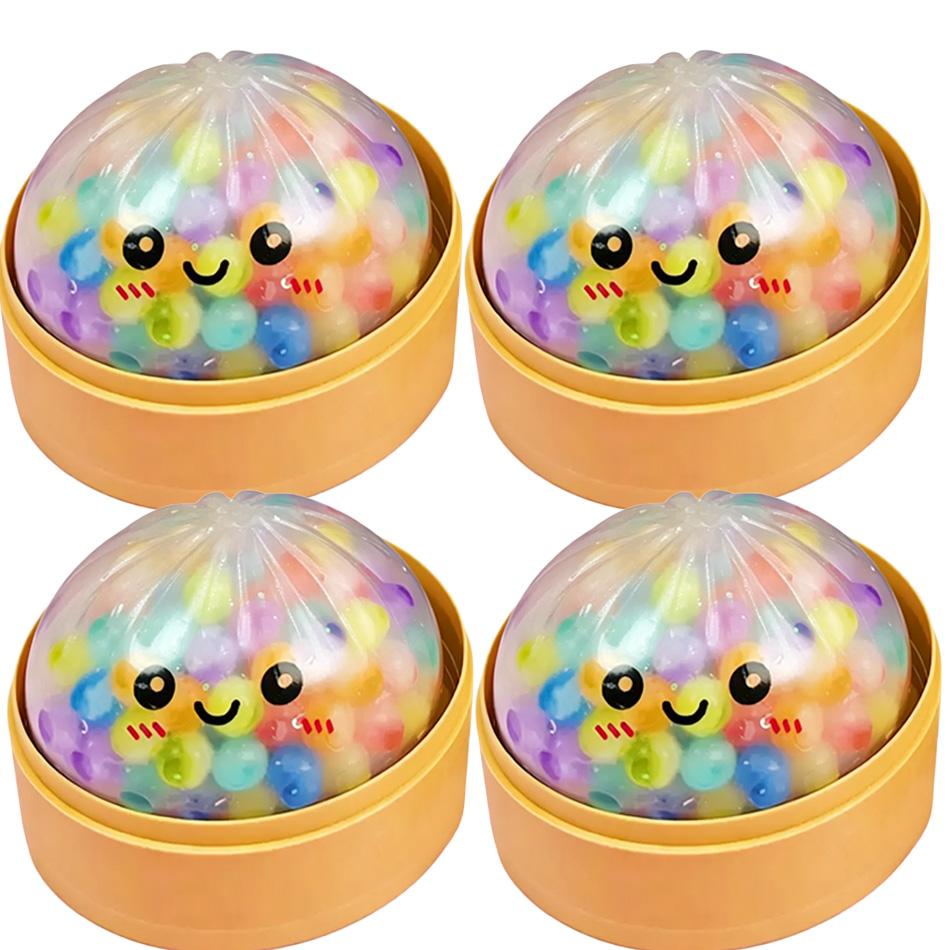Regenboog Dumpling Squishy met Kralen Sensorisch Knijpspeeltje voor Stressverlichting met Bamboe Stoommandje Grappig Cadeau