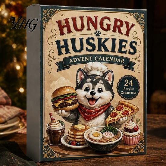 Wiederverwendbare Acryl-Dekorationen Husky Adventskalender mit 24 Feinschmecker-Ornamenten, 2D Flache Kreative Hundethema Weihnachtsgeschenke Baumschmuck,