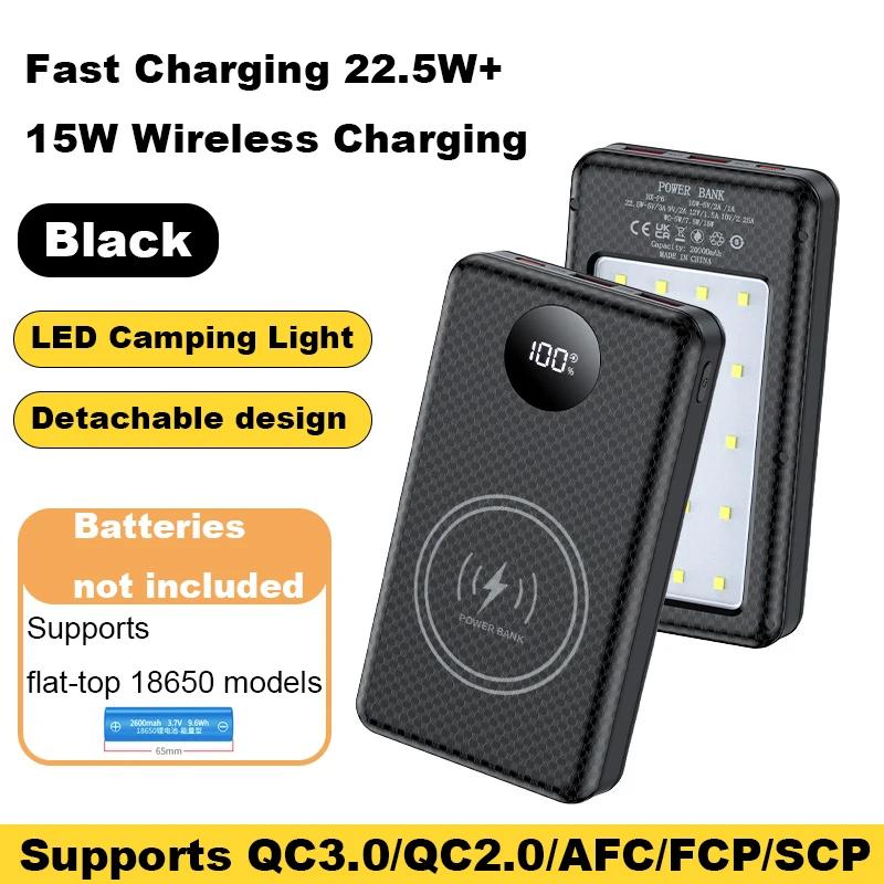 DIY pouzdro na power banku 18650*6 s LED, odnímatelné, rychlé nabíjení 22,5W+15W, 20000mAh, bez baterie