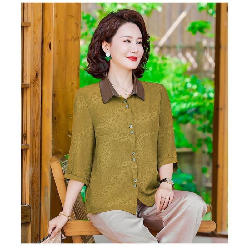 Damen Rot Kontrastkragen Dreiviertelarm Hemd Jacquardmuster Lockerer Sitz Freizeit Pendler Oberteil Blusen