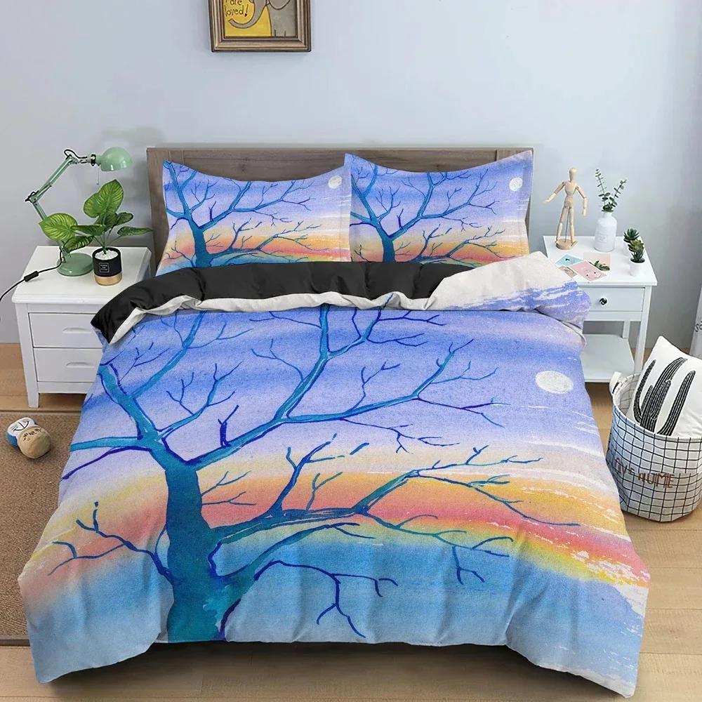 Top 3D Landscape Duvet Cover Bedroom Decor Luxury Bedding Set Tree Silhouette Against Sunset Sky Quilt Cover King Twin Single