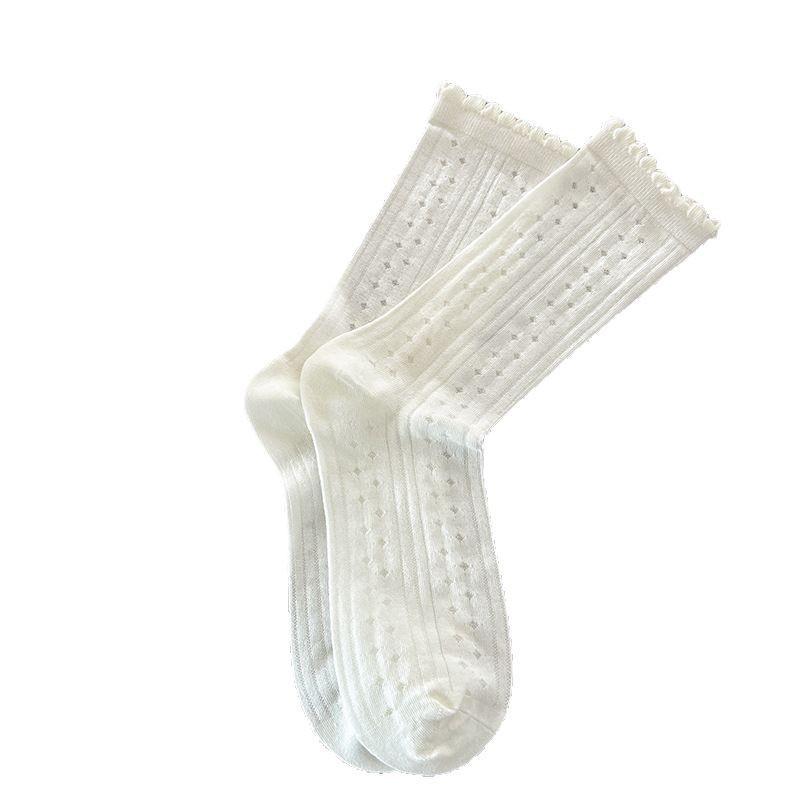 Summer Mesh Socks Children'S White Medium Tube Socks Small Flower Polka Dots Hollow Stacking Socks Breathable Stockings Wind Socks