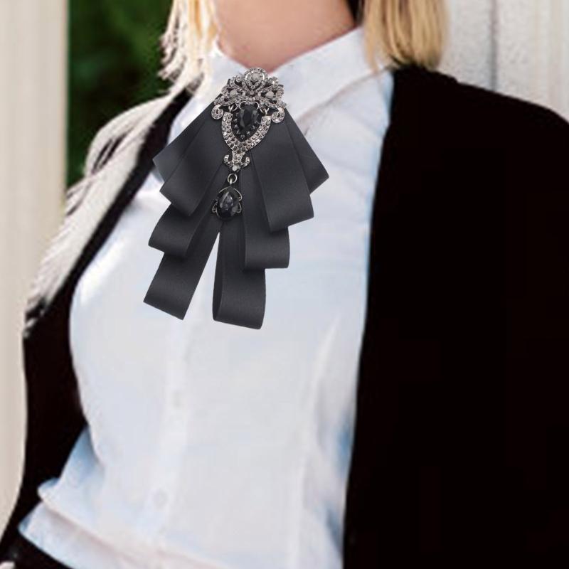 Męska Damska Broszka Pin z Jedwabną Wstążką Muszka Ślubna Kryształowe Cyrkonie Klips Węzeł Koszula Żabot Kołnierz Gotowa Muszka