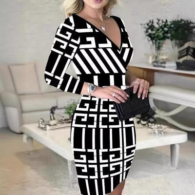 Λεπτό Φόρεμα Φθινόπωρο Γυναικείο V-λαιμός Καρό Με κορδόνι Συσκευασία Γοφών Σέξι Φόρεμα