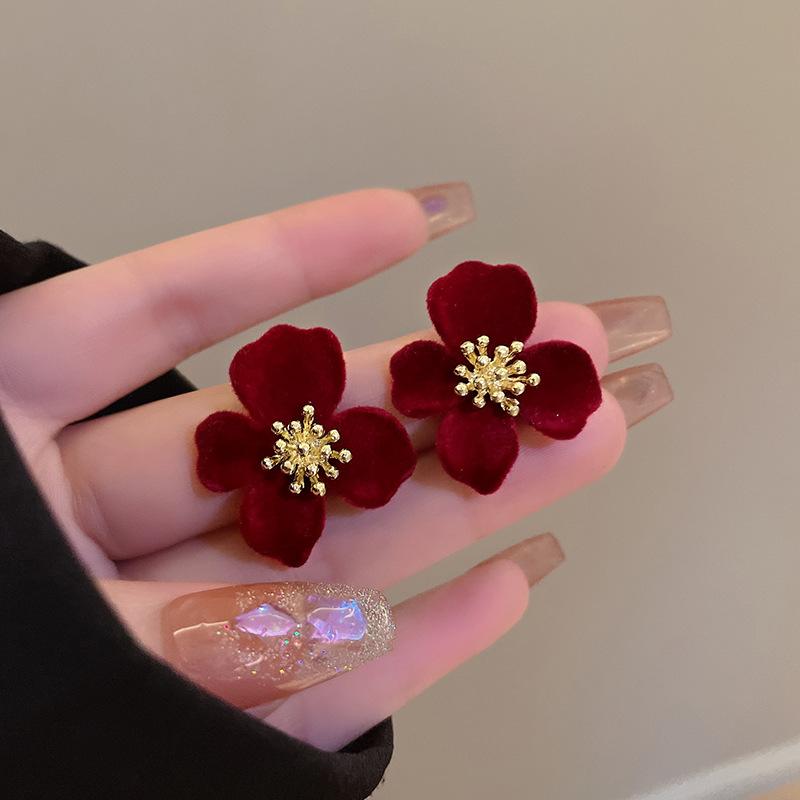 Vintage Wine Red And black Velvet Flower Stud Earrings For Women Fine Zircon Gift Accessories