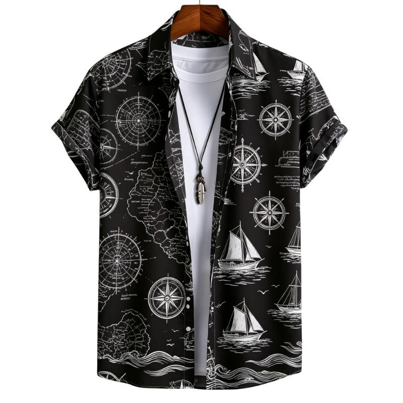 Men's Retro Sketch Flower Manuscript Printed Short Sleeve Shirt, Collar Button Cardigan, Hawaii Vacation Shirt