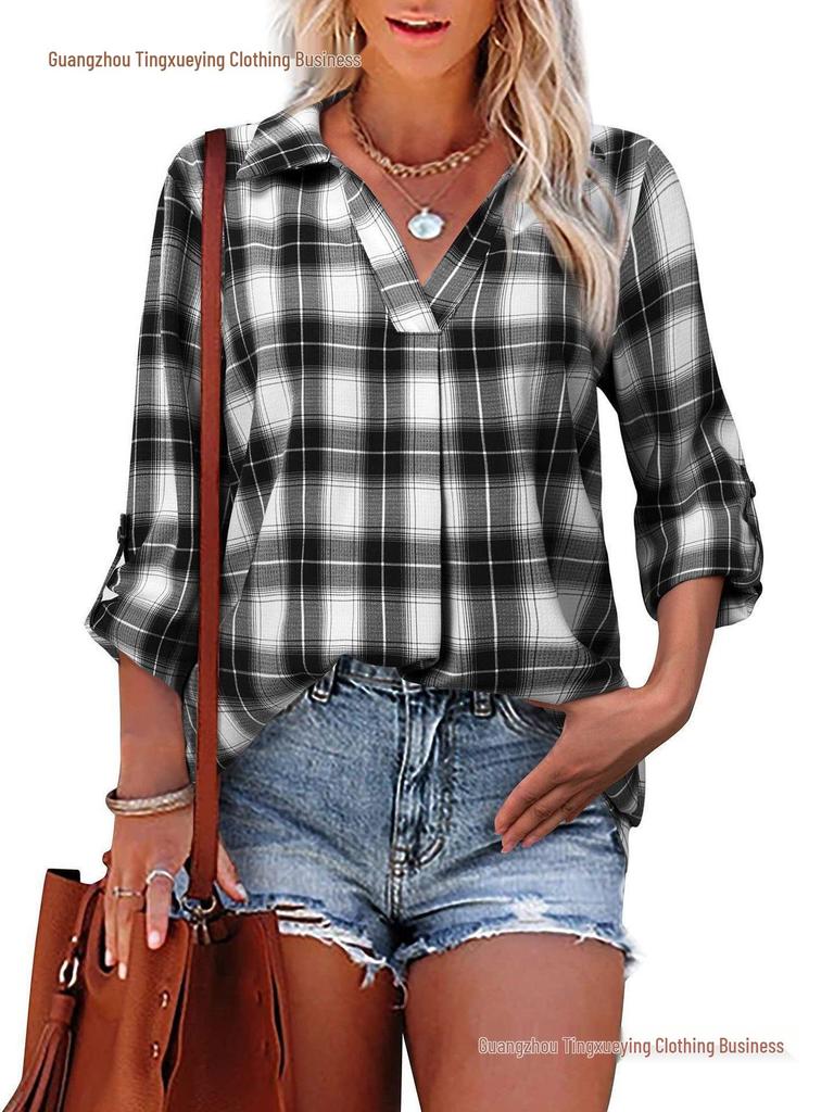 Cross-Season V-Neck Long Sleeve Women's Plaid Loose Fit Pullover Shirt