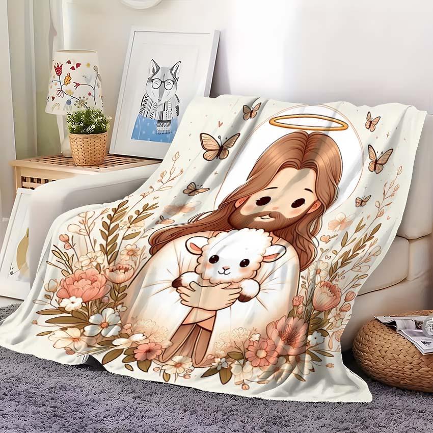 Cartoon Embracing Little Lamb Blanket, Soft Throw for Sofa Office Bed, Holiday Gift for Family Friends,All-Season Travel Camping