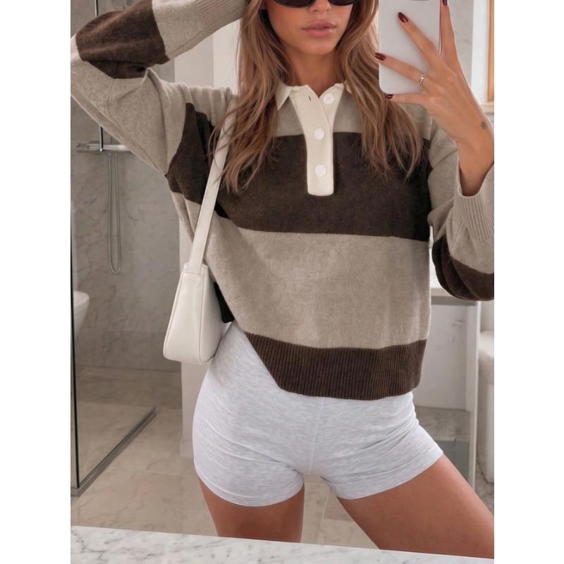 Vintage Color Block Striped Polo Neck Loose Fit Drop Shoulder Long Sleeve Knit Sweater For Women