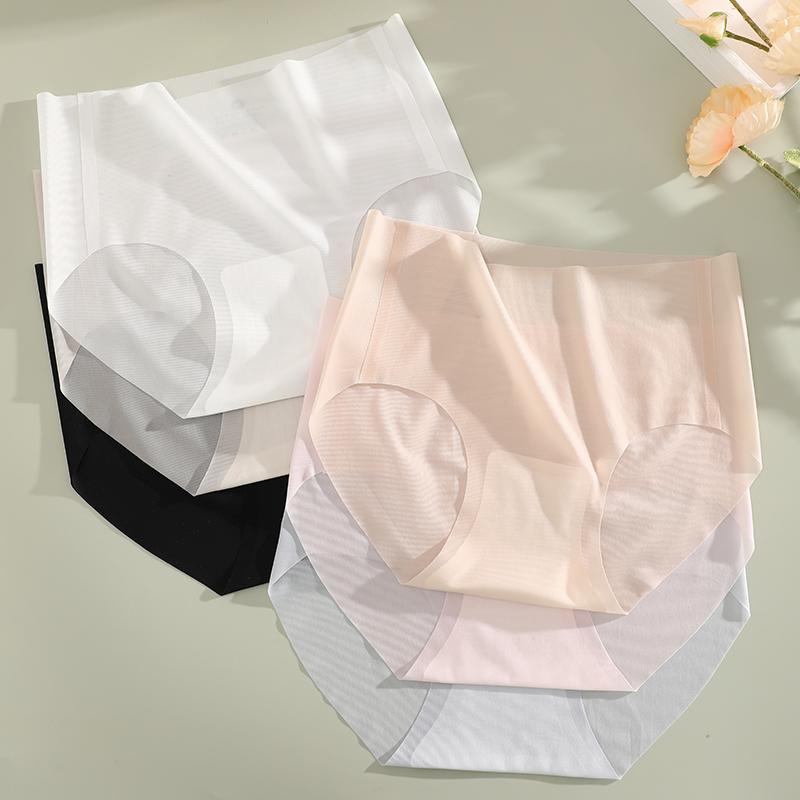 4PCS/Set Women's Ice Silk Seamless Panties Ultra Thin Briefs Breathable Underwear Female High Waist Intimates Lingerie Plus Size