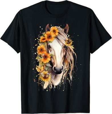 Sonnenblumen Pferdeporträt Cowgirl Reitsport Reiten Geschenk Unisex T-Shirt