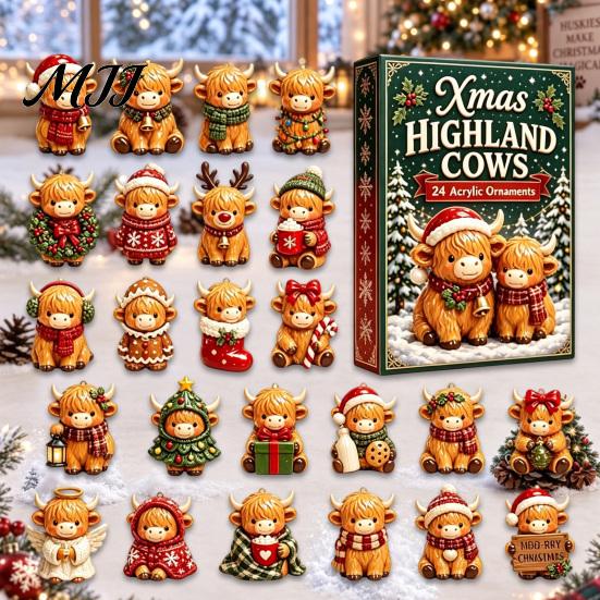 Dekorative hängende Baumdekorationen Weihnachten Hochlandkuh Adventskalender, 24 süße 3D-Mini-Figuren, Tag-Countdown-Box Bauernhaus-Feiertagsdekoration,