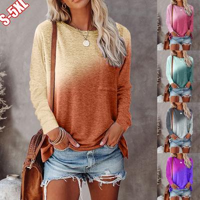 Herbst Winter Damen Rundhals Lässig Batik Print Tasche Langarm T-Shirt für Damen