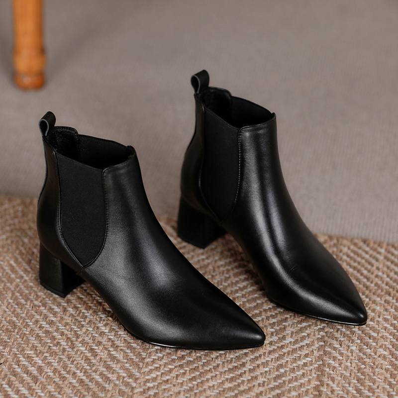 Krazing Pot Kravská kůže Zimní Špičaté špičky Silné střední podpatky Chelsea boty Dámské Nazouvací Velká velikost Retro Stručný styl Kotníkové boty