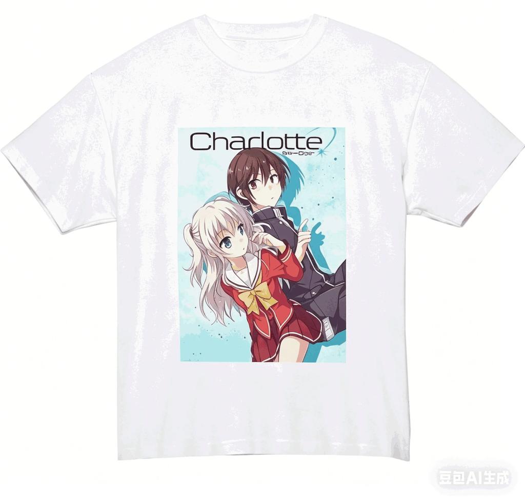 Trendy Vintage Charlotte Anime Yuu Otosaka and Nao Tomori Black Cotton Unisex Casual Graphic Women And Men T-shirt