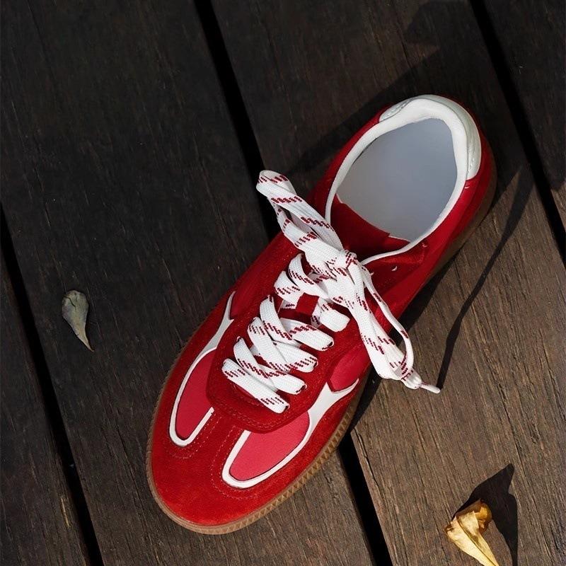 Cowhide version of Mas red women's versatile platform color matching casual sports shoes lace-up board shoes genuine leather
