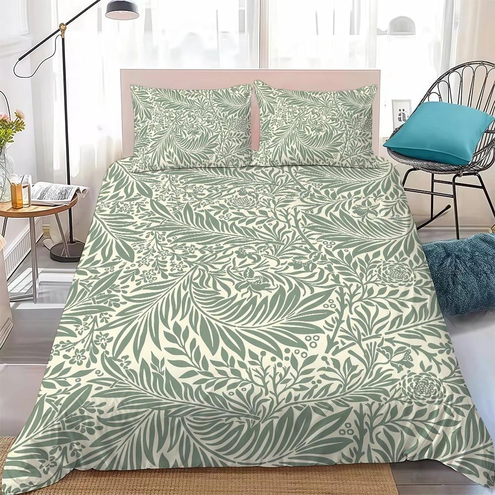Housse de couette taie d'oreiller parure de lit florale néoclassique William Morris Décoration chambre adulte garçon fille Cadeau Taille simple double 150x200cm (3pcs)
