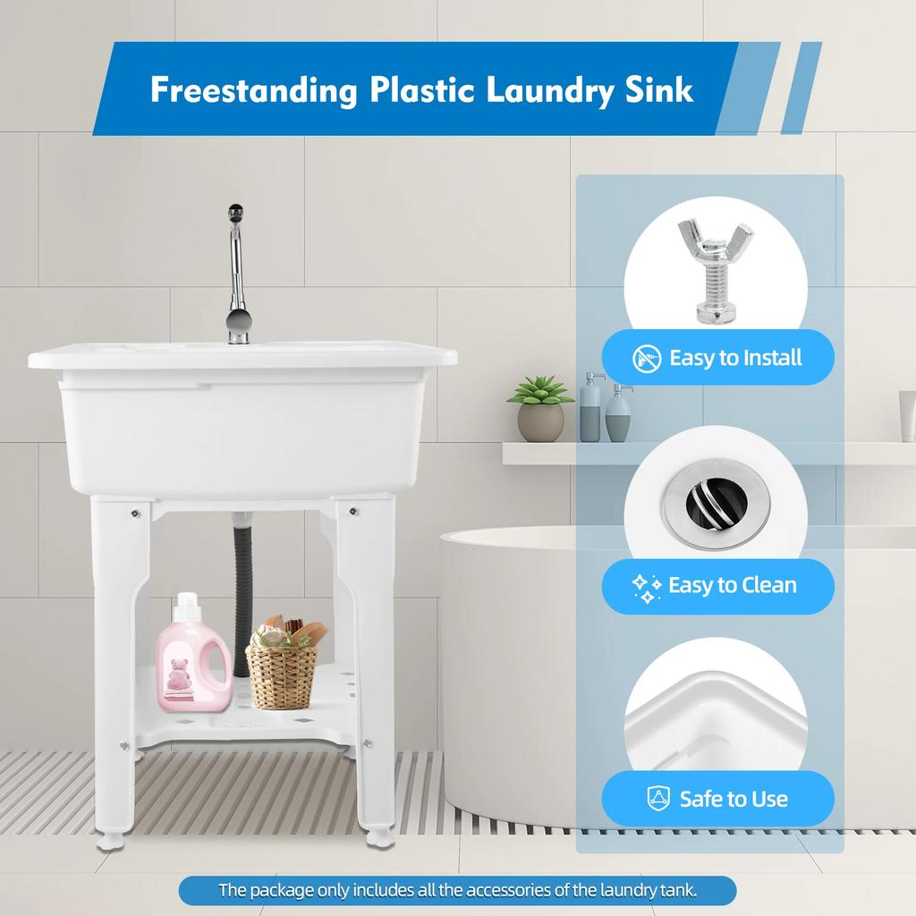 Bymaocar Freestanding Plastic Laundry Sink W/ Hot-cold Faucet & Washboard, Multi-function Shared Sink Kit for Laundry, Bathrooms