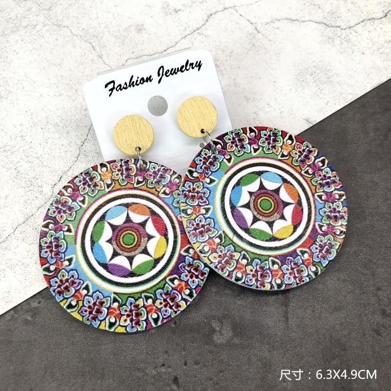 Bohemian Wood Earrings Women's Personality Exaggerated Print Flower Stud Earrings Vacation Versatile Temperament Earrings