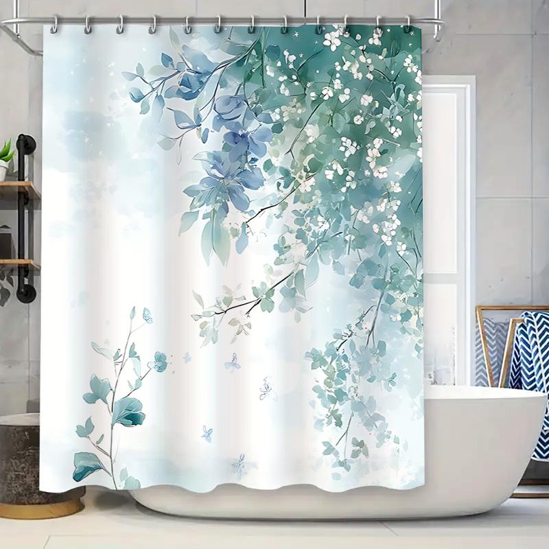 Elegant Blue Floral Shower Curtain With Green Leaves White Blossoms For Bathroom Decor Waterproof Mildew Resistant