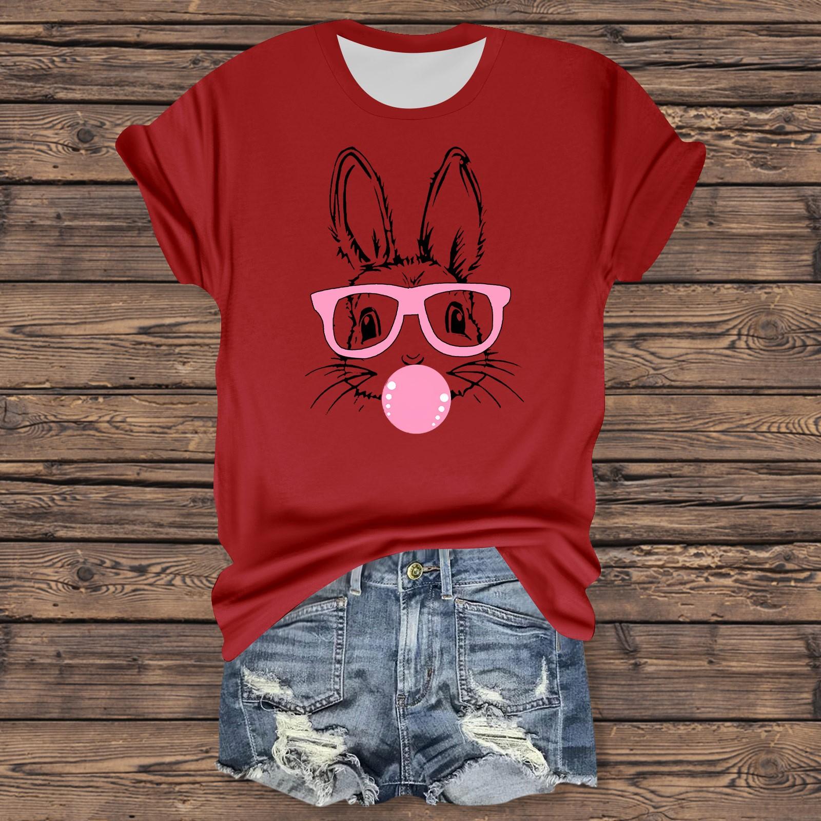 

Жіноча повсякденна футболка з принтом на Великдень, пуловер з короткими рукавами та круглим вирізом M червоний