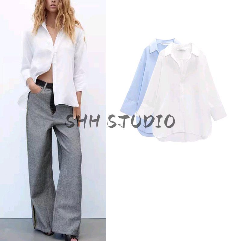 Women's Spring Clothing French Style Design Lapel Asymmetric Hem Linen Blended Shirt 4786126