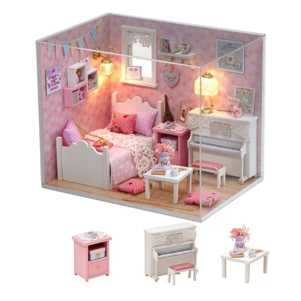 DIY Wooden Dollhouse with LED and Dustproof Handmade Miniature Model Kit for Decorative Gift Cover, Beginners, (Sunshine Princess)