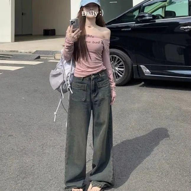 Women s High-Waist Retro Distressed Denim Jeans - Wide Leg, Loose Fit, Floor Length Winter Pants M