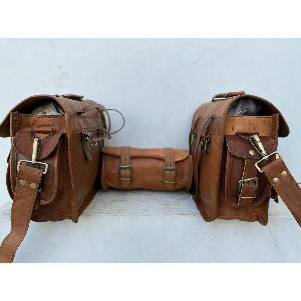 Leather Saddle Bag Motorcycle Saddle Pannier Bags Brown Saddlebag Fork Tool Bags