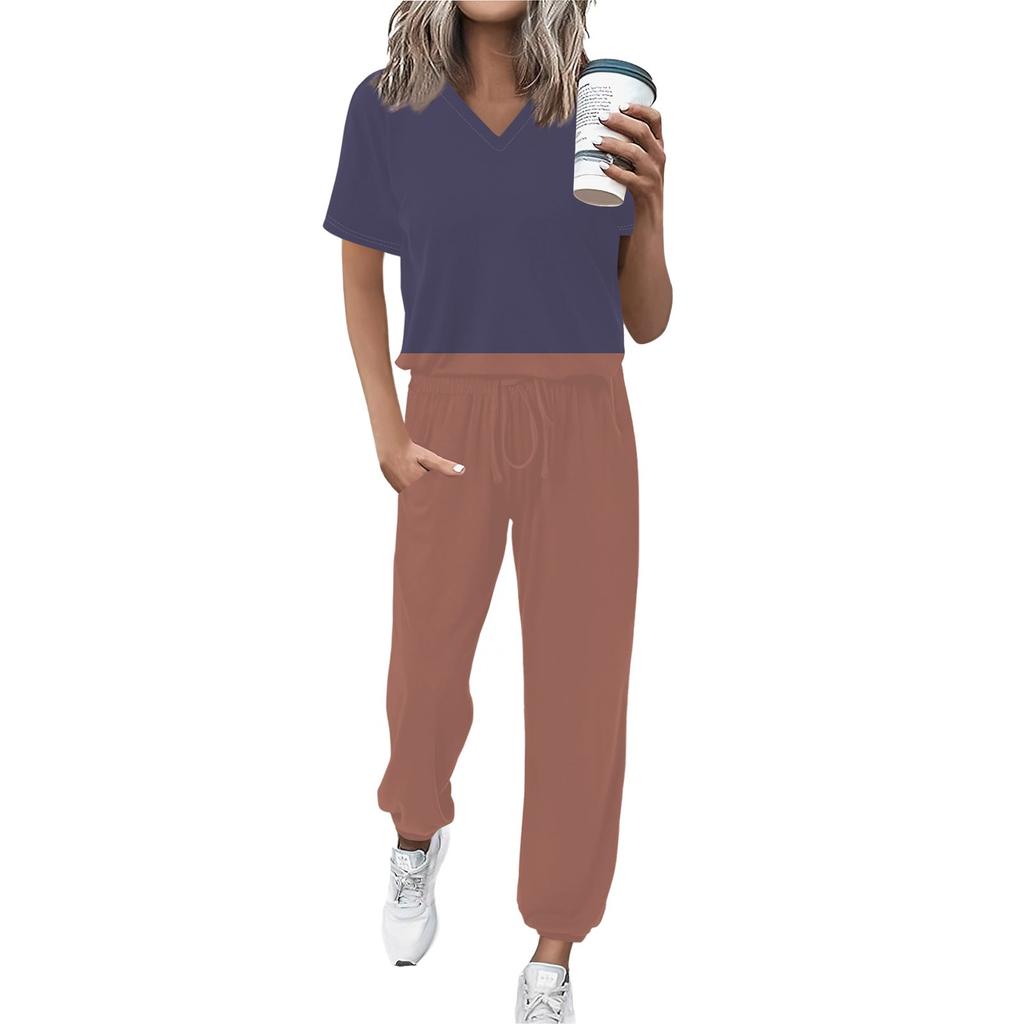 Damen Jogging Mode V-Ausschnitt Kurzarm Gürtel Lose Hosen Trainingsanzug