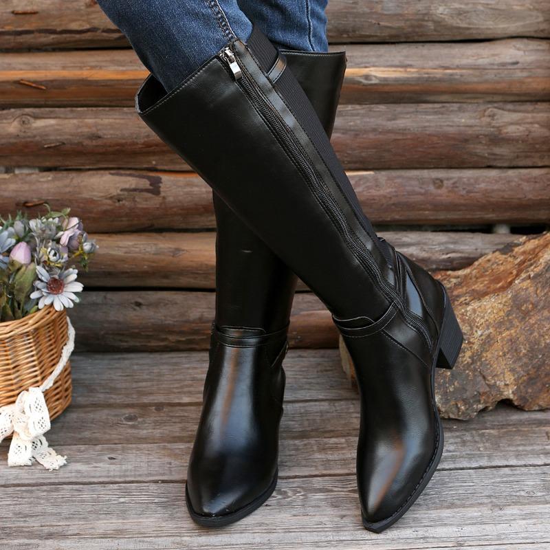 High-top Shoes, Thick-heeled Pointed Boots, Large-sized Mid-heeled Side Zipper Boots, Women's Shoes