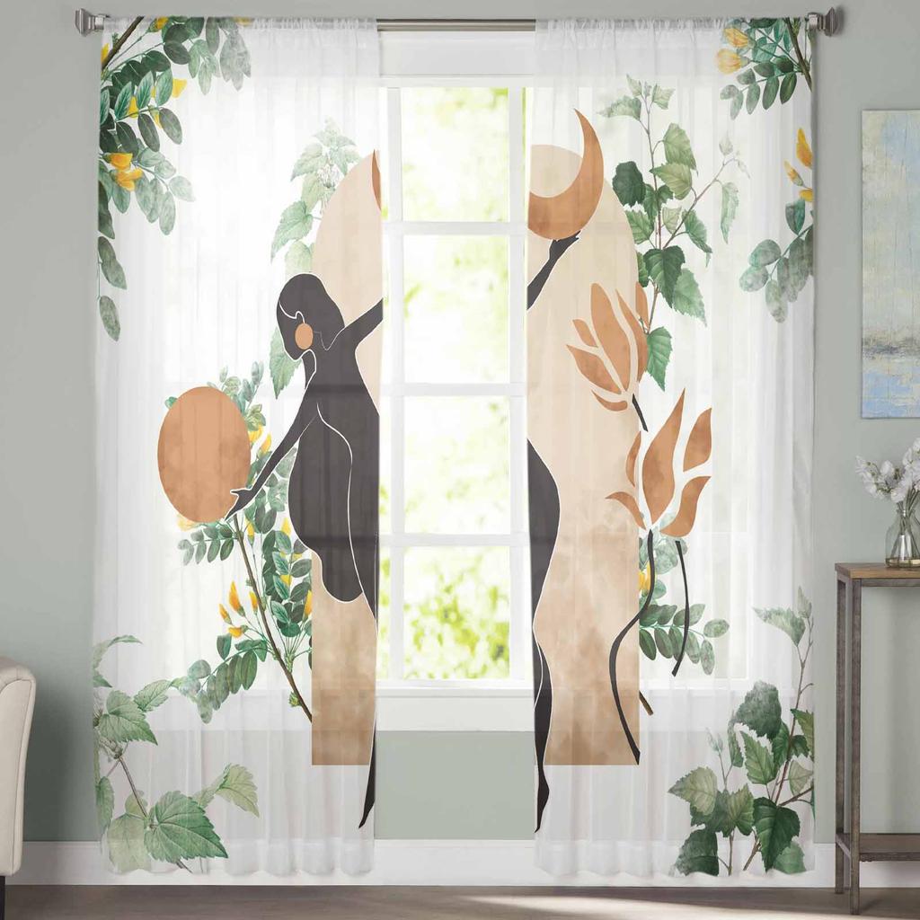 Böhmischer abstrakter weiblicher Silhouette-Blatt-Aquarell-Tüll-Fenstervorhang für Schlafzimmer, Luxus-Vorhänge im Wohnzimmer, Chiffon-Paneele
