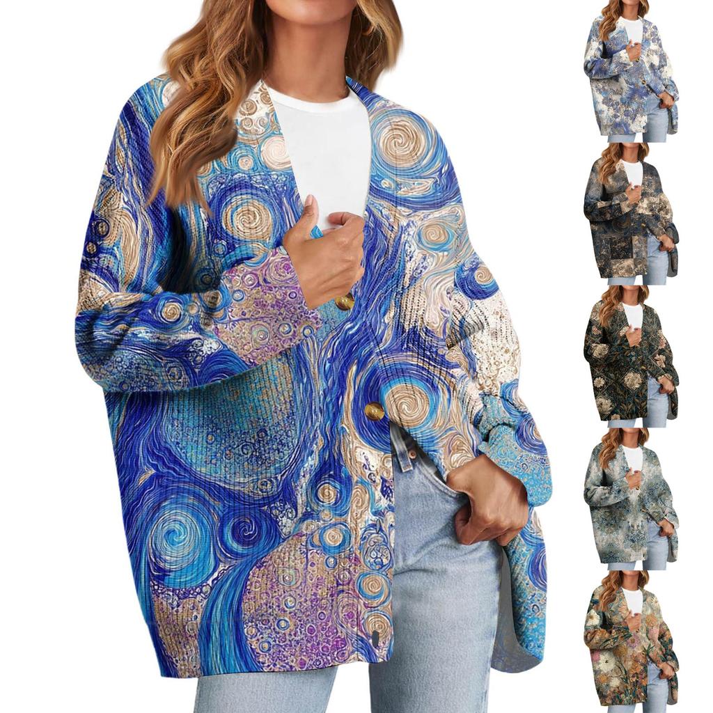 Dame Mote Langermet Juleprint V-Hals Knapper Løs Cardigan Topp