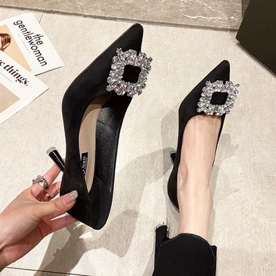 Pantofi de Modă pentru Femei Pantofi de Modă cu Cataramă Pătrată cu Strass Pantofi pentru Domnișoare de Onoare Pantofi de Nuntă Pantofi cu Toc Stiletto din Catifea Uni cu Vârf Ascuțit Pantofi cu Toc Înalt Stil Francez