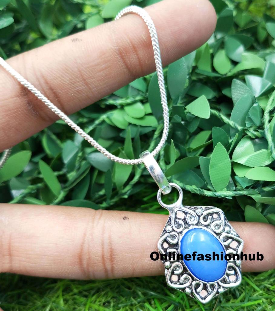 Chalcedony Gemstone 925 Sterling Silver Plated Boho Pendant FPD-P78