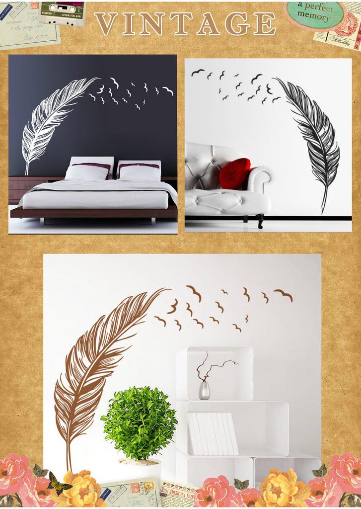 Premium Quality Removable Flying Feather Design Wall Stickers For Elegant Home Decor