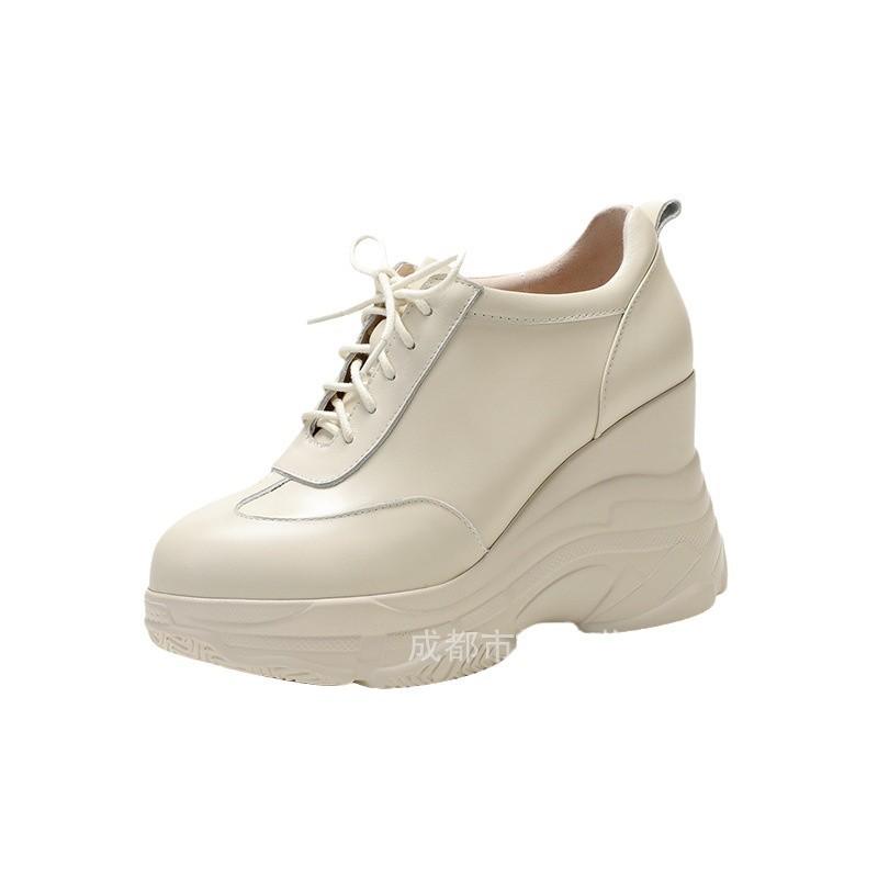 Muffin platform single shoes women's leather 2025 new round head lace-up wedge heel loafers British style heightening small leather shoes