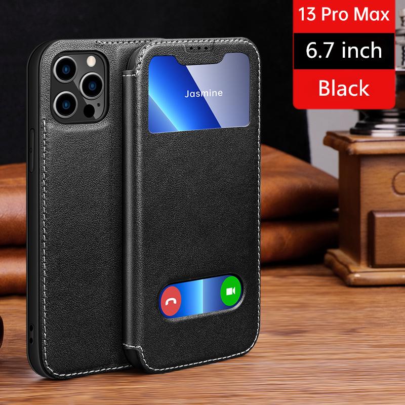 Magnetic 100% Genuine Leather View Window Case for iPhone 16 15 14 13 12 11 Pro MAX XR X Plus Case Wallet Flip Stand Free Answer